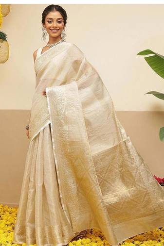 off white woven design zari tissue handloom kerala kasavu saree