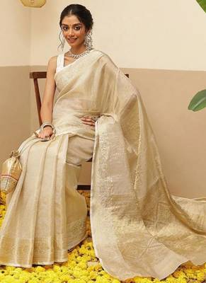 off white woven design zari tissue handloom kerala kasavu saree 3