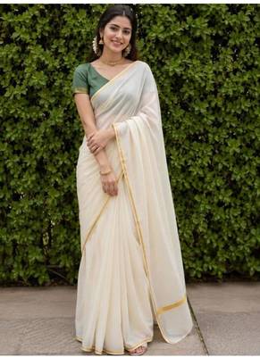 off white pure cotton kasavu saree with unsitched green blouse 1