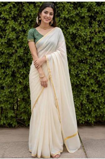 off white pure cotton kasavu saree with unsitched green blouse