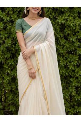off white pure cotton kasavu saree with unsitched green blouse 3