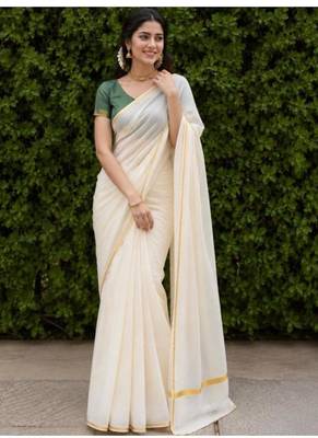off white pure cotton kasavu saree with unsitched green blouse 4