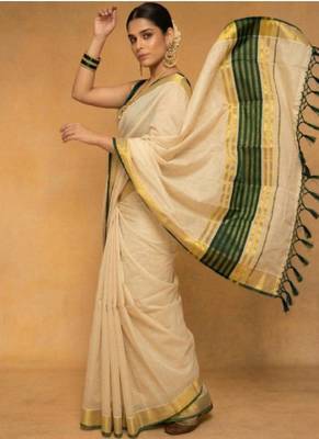 cream zari tissue kasavu saree with green temple border 4