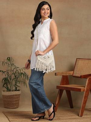 Women white pure cotton floral embroidered hip length collared neck sleeveless lucknowi chikankari short kurta 3