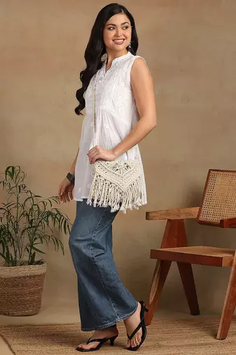 Women white pure cotton floral embroidered hip length collared neck sleeveless lucknowi chikankari short kurta