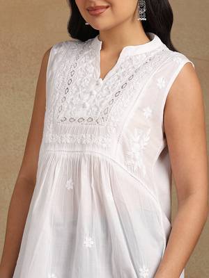 Women white pure cotton floral embroidered hip length collared neck sleeveless lucknowi chikankari short kurta 5