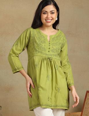 Women white pure cotton floral embroidered  chikankari short kurti with tie-up waist 1