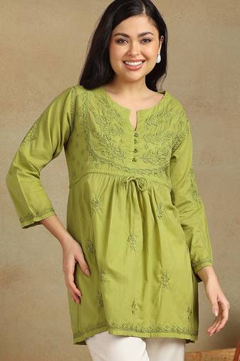 Women white pure cotton floral embroidered  chikankari short kurti with tie-up waist