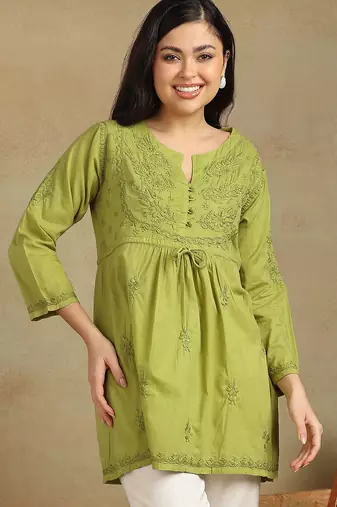 Women white pure cotton floral embroidered  chikankari short kurti with tie-up waist