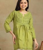 Women white pure cotton floral embroidered  chikankari short kurti with tie-up waist