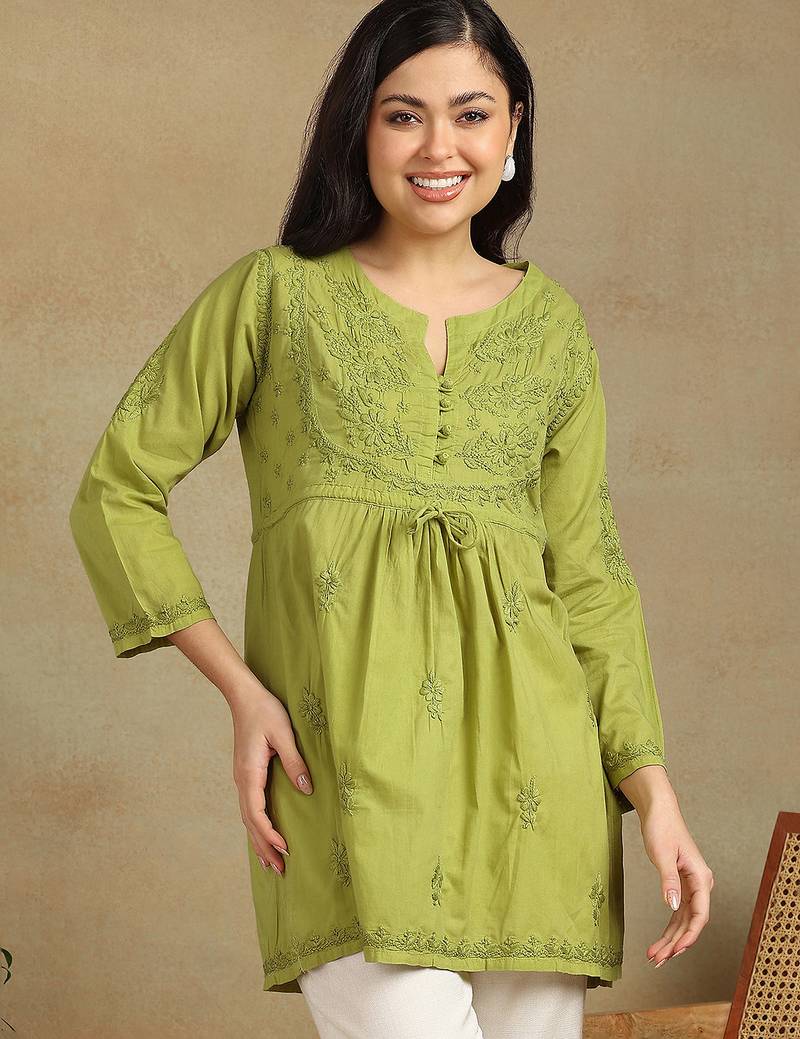Women white pure cotton floral embroidered  chikankari short kurti with tie-up waist