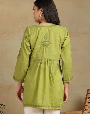 Women white pure cotton floral embroidered  chikankari short kurti with tie-up waist 2