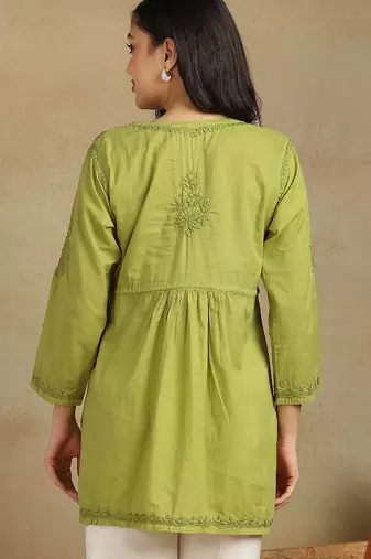 Women white pure cotton floral embroidered  chikankari short kurti with tie-up waist