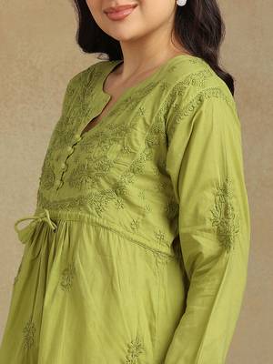 Women white pure cotton floral embroidered  chikankari short kurti with tie-up waist 3