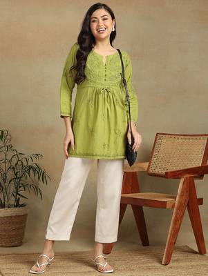 Women white pure cotton floral embroidered  chikankari short kurti with tie-up waist 4