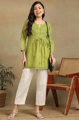 Women white pure cotton floral embroidered  chikankari short kurti with tie-up waist