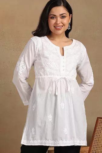 Women white pure cotton floral embroidered  chikankari short kurti with tie-up waist