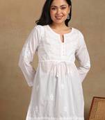 Women white pure cotton floral embroidered  chikankari short kurti with tie-up waist
