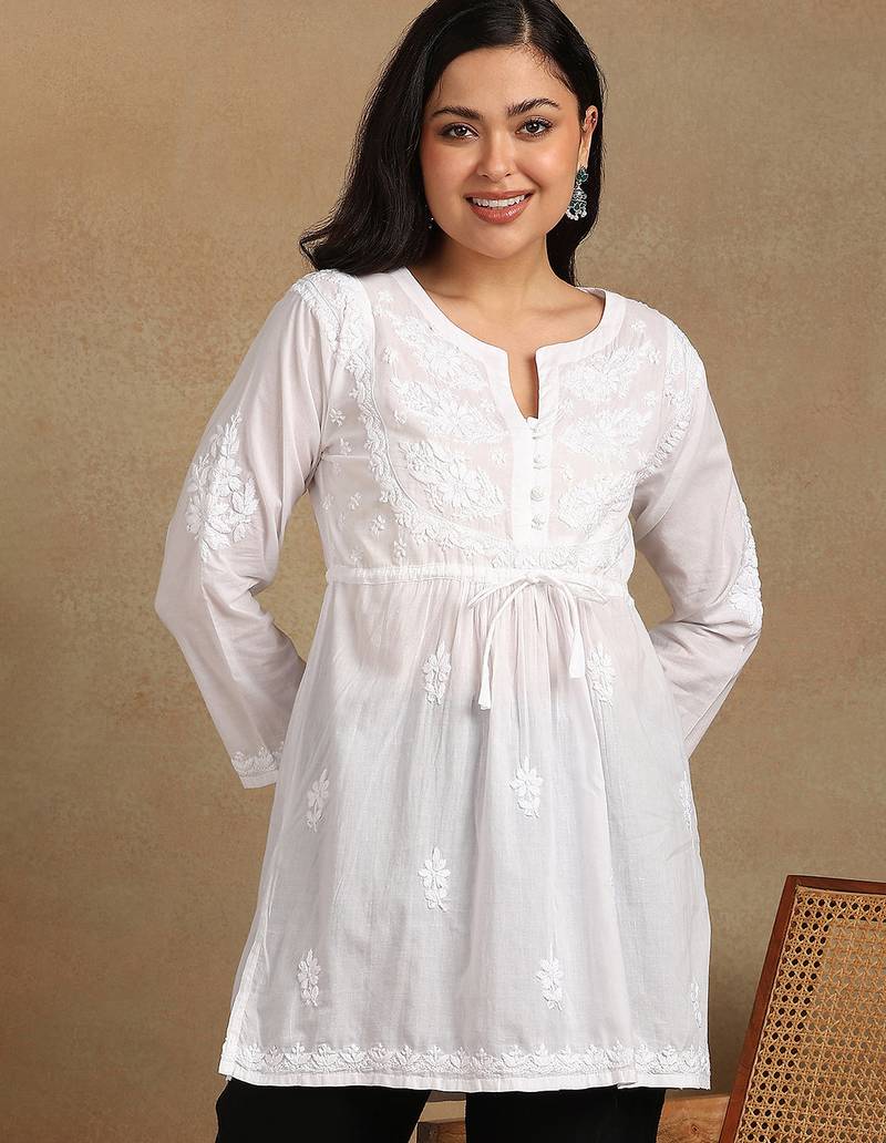 Women white pure cotton floral embroidered  chikankari short kurti with tie-up waist