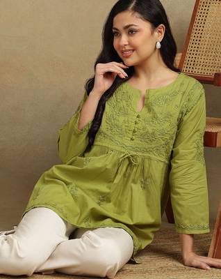 Women white pure cotton floral embroidered  chikankari short kurti with tie-up waist 5