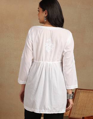 Women white pure cotton floral embroidered  chikankari short kurti with tie-up waist 2