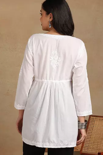 Women white pure cotton floral embroidered  chikankari short kurti with tie-up waist