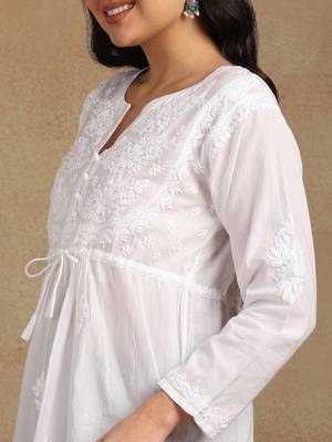 Women white pure cotton floral embroidered  chikankari short kurti with tie-up waist 3