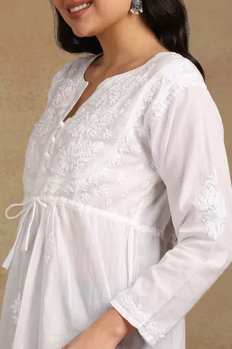 Women white pure cotton floral embroidered  chikankari short kurti with tie-up waist