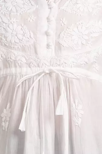 Women white pure cotton floral embroidered  chikankari short kurti with tie-up waist