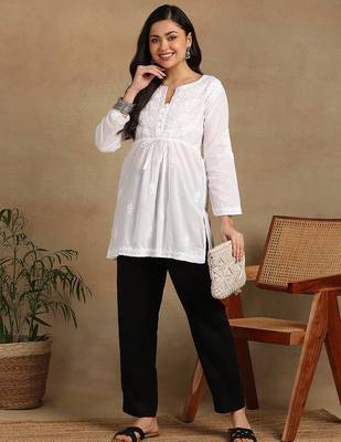 Women white pure cotton floral embroidered  chikankari short kurti with tie-up waist 5