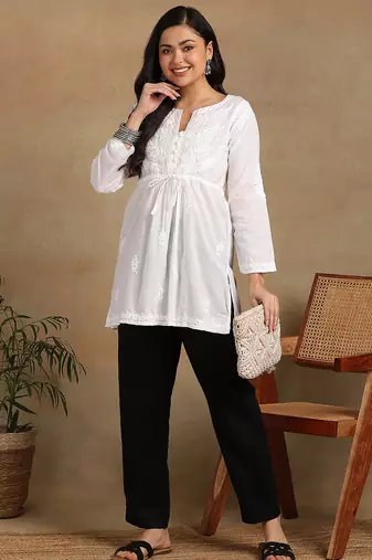 Women white pure cotton floral embroidered  chikankari short kurti with tie-up waist