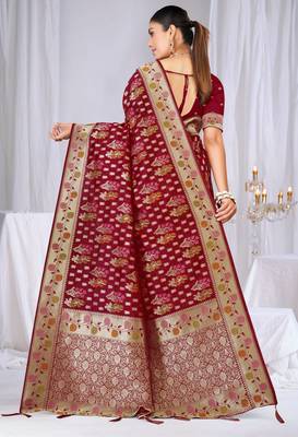 Dusty mauve raw silk saree with zari and floral thread work with tassels 3