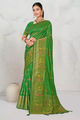 Mehendi green faux georgette saree with zari and thread work with tassels