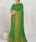 Mehendi green faux georgette saree with zari and thread work with tassels
