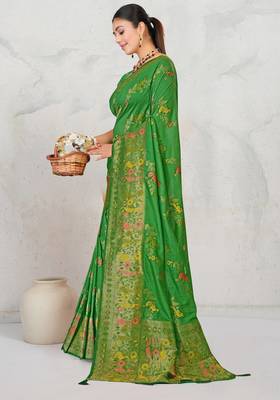 Mehendi green faux georgette saree with zari and thread work with tassels 2