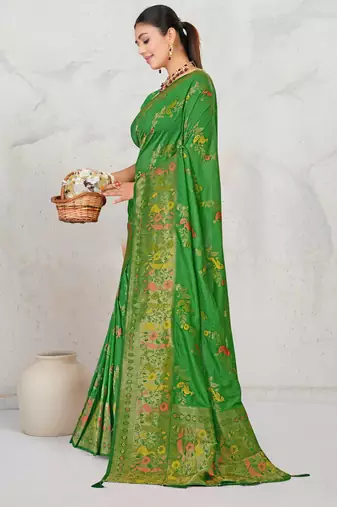 Mehendi green faux georgette saree with zari and thread work with tassels