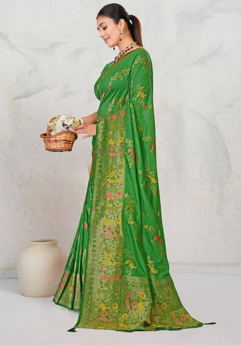 Mehendi green faux georgette saree with zari and thread work with tassels