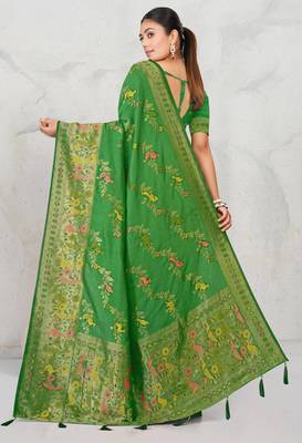 Mehendi green faux georgette saree with zari and thread work with tassels 3