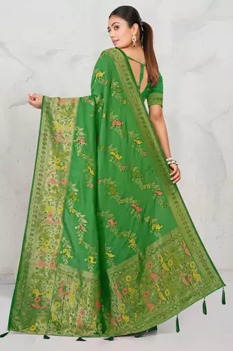 Mehendi green faux georgette saree with zari and thread work with tassels