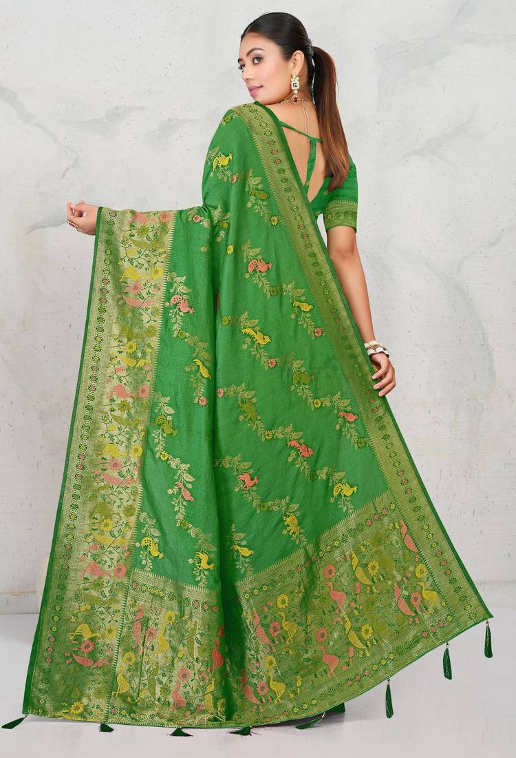 Mehendi green faux georgette saree with zari and thread work with tassels