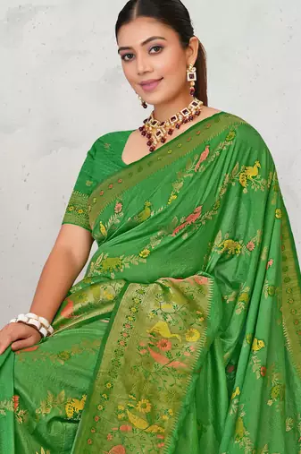 Mehendi green faux georgette saree with zari and thread work with tassels