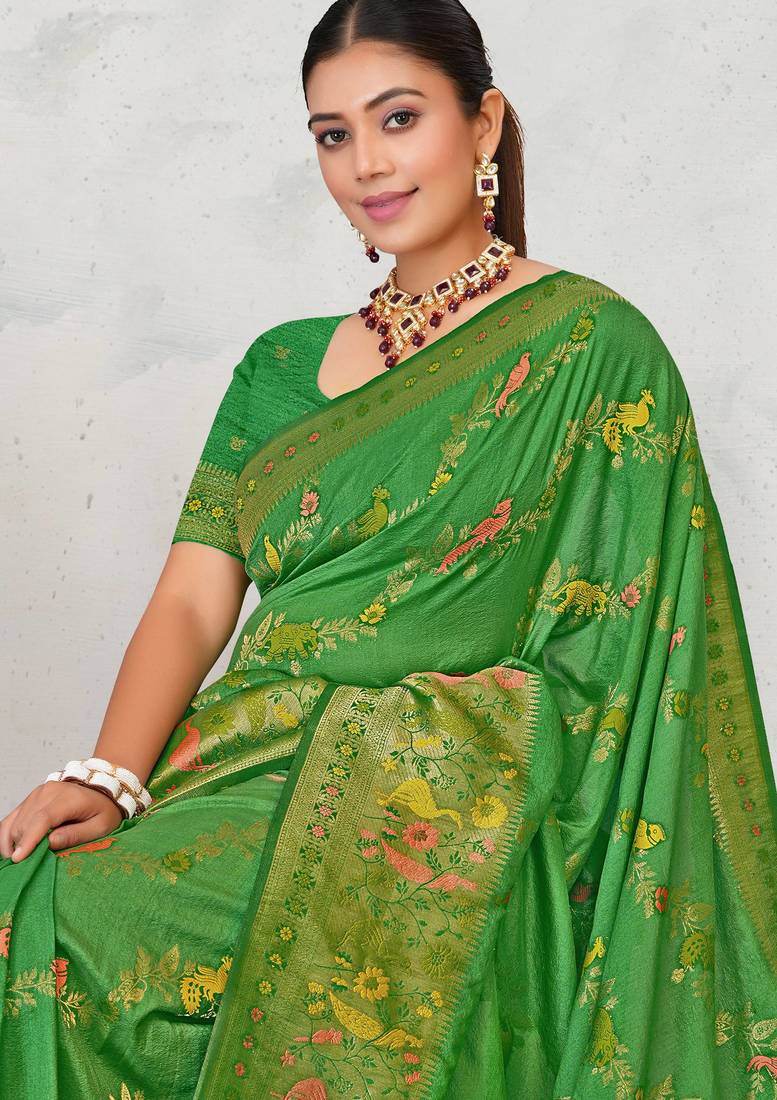 Mehendi green faux georgette saree with zari and thread work with tassels