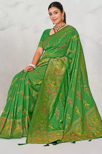 Mehendi green faux georgette saree with zari and thread work with tassels