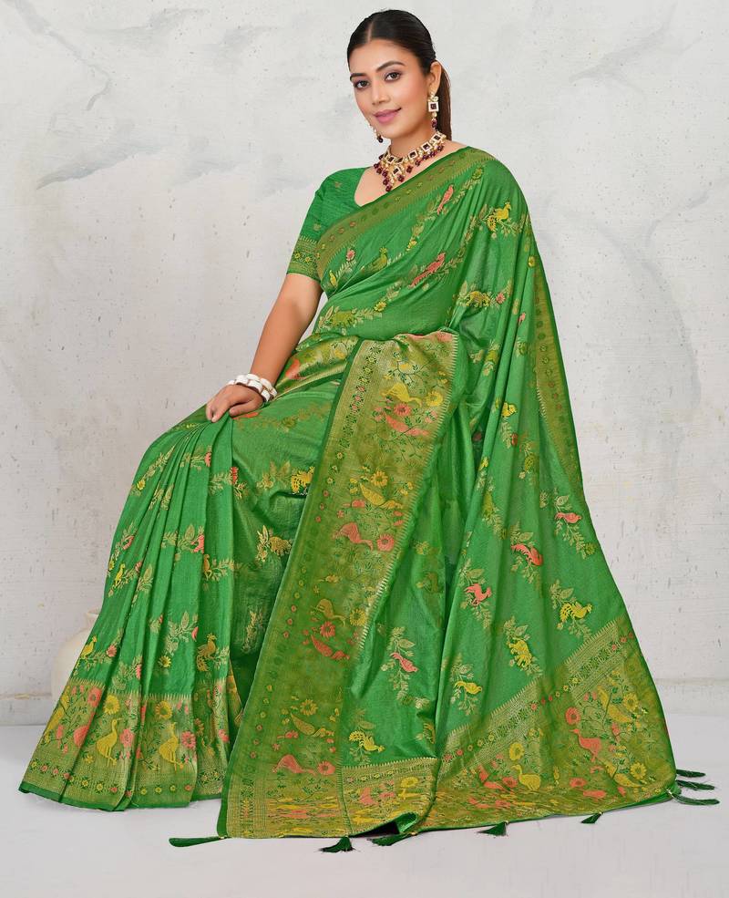 Mehendi green faux georgette saree with zari and thread work with tassels