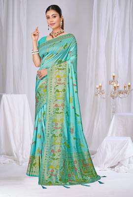 Sky blue faux georgette saree with zari and thread work with tassels 1