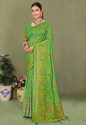 Light green faux georgette saree with zari and thread work with tassels 2