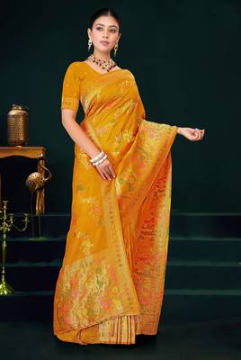 Mustard yellow faux georgette saree with zari and thread work with tassels 1