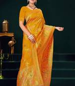 Mustard yellow faux georgette saree with zari and thread work with tassels