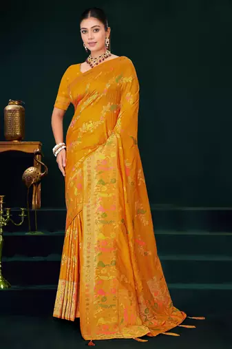 Mustard yellow faux georgette saree with zari and thread work with tassels