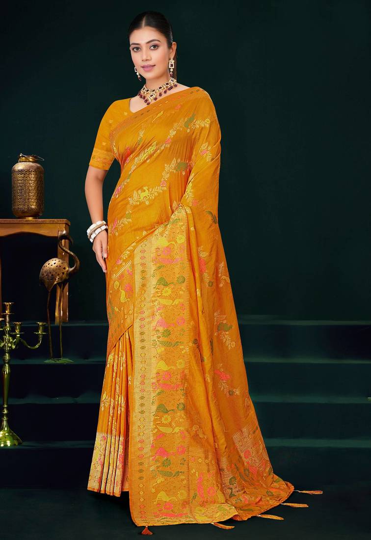Mustard yellow faux georgette saree with zari and thread work with tassels